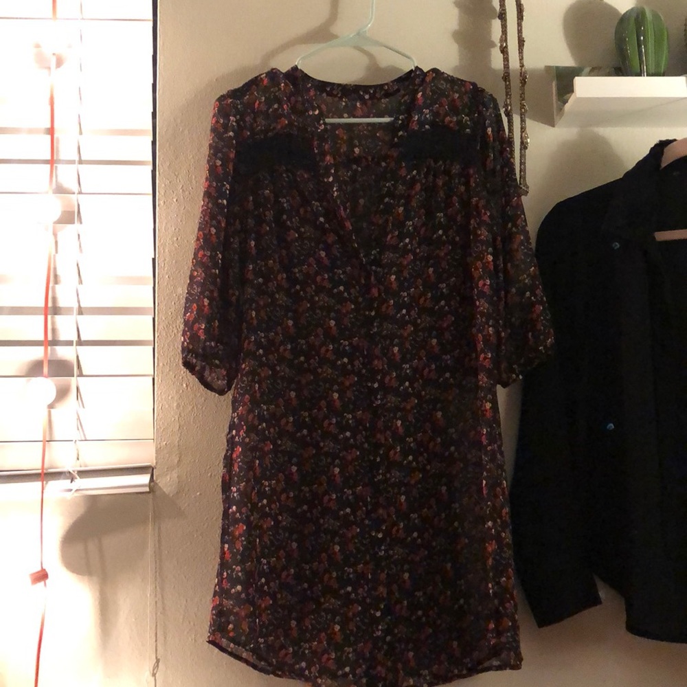 XS black/orange button up flower shirt dress